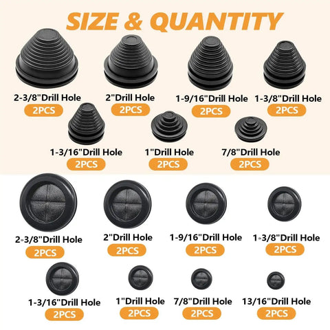 Double Sided Rubber Grommet Kit with various size round and tower shaped plugs for wire protection, including drill hole sizes.