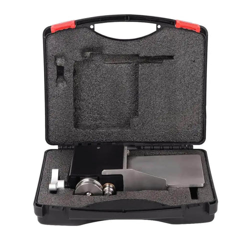 Vise Mounted Bead Roller For Tubing Five Eighths Inch And Up in protective case, shown with accessories and easy crank handle.