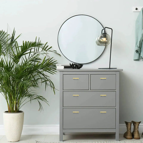 Gray cabinet with Gold Brushed Brass Square Cabinet Pulls 2-1/2 Inch Center-to-Center, 4 Inch Overall Length, 10 Pack, stainless steel hardware