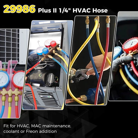 29986 Plus II 1/4" HVAC hose set with compact ball valve, 72" length, three color-coded hoses with 1/4" flare fittings