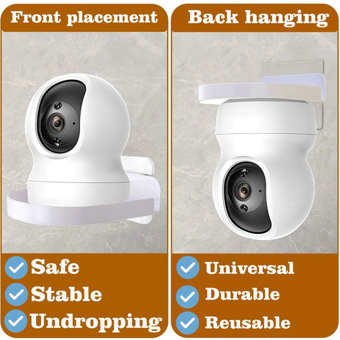 4 Pack Adhesive Wall Mounts For Security Cameras And Baby Monitors shown in front and back hanging positions with white shelves.