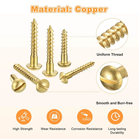 Copper Self Tapping Wood Screws M2 10mm Slotted Round Head on display, highlighting material and durability features.