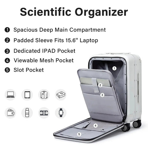 20 Inch Carry On Luggage With Front Pocket And Front Opening Design Aluminum Hardside Spinner Wheels TSA Lock Airline Approved White open