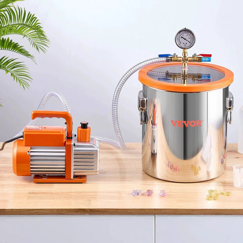 Five Gallon Pro-Grade Vacuum Chamber Kit With 3.5 CFM Pump For Resin Degassing, Stainless Steel Chamber, Acrylic Lid on table.