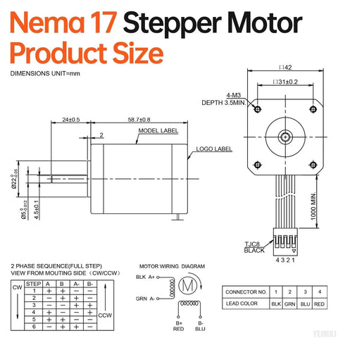 Technical diagram of Three Pack Nema 17 Stepper Motors for DIY 3D Printers and CNC Machines, dimensions and wiring details.