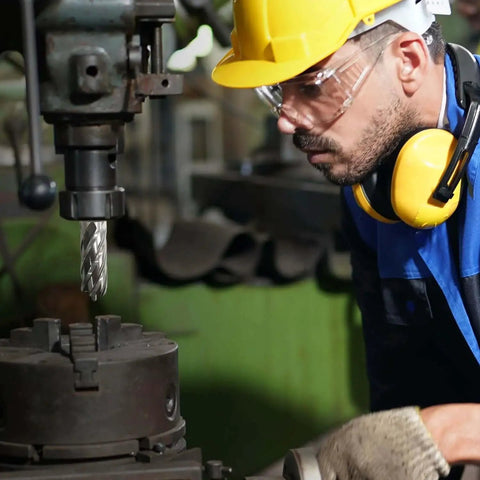 Worker operating a magnetic drill press with 2-Piece Annular Cutter Set For Magnetic Drill Press 5/8 Inch Diameter visible