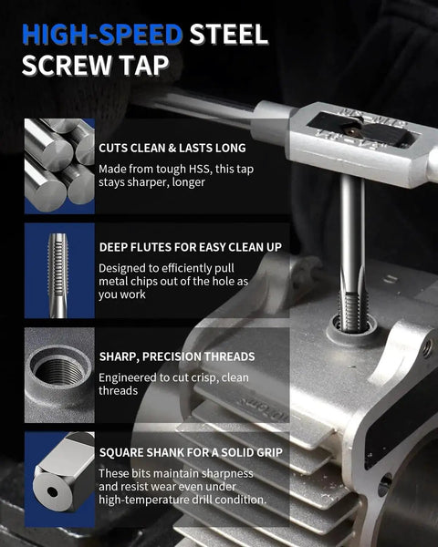 M10x1.25 Thread Repair Kit With HSS Drill Tap Counterbore And Installation Driver showcasing high-speed steel screw tap in use