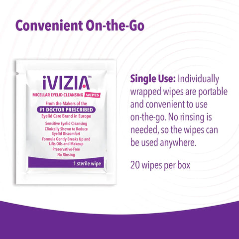 Packaging of Preservative Free Micellar No Rinse Eyelid Cleansing Wipes for Sensitive Eyelids next to use instructions