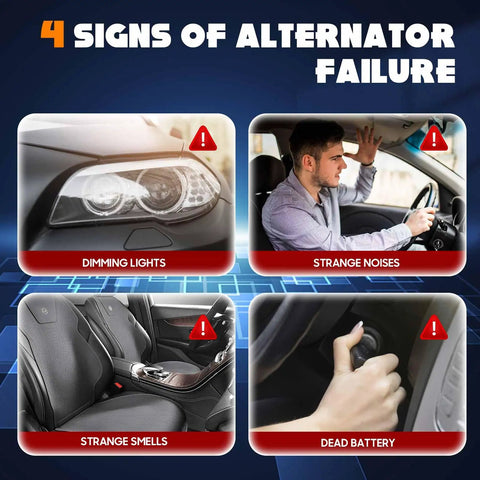Four signs of alternator failure graphic with images: dimming lights, strange noises, strange smells, dead battery.