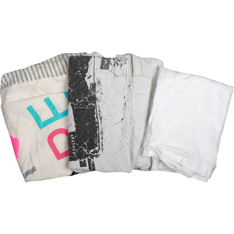 Various recycled white cut rags in 25 lb box for all purpose heavy duty wipers polishing dusting and cleaning jobs made from assorted knits