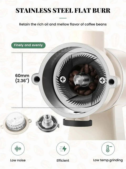 Close-up of 60mm stainless steel flat burr in Electric Coffee Bean Grinder 250G For Commercial And Home Use 200W Automatic Burr Grinder.