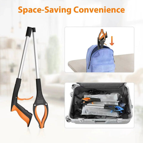 32 Inch Foldable Grabber Reacher Tool 2 Pack with 360 Degree Rotating Jaw and Magnet, displayed in a suitcase and backpack