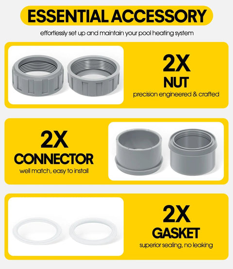 DearChan 2-Pack CPVC connector kit with heater flange for pool heater; gray plastic 2x nuts, 2x connectors, 2x gaskets.