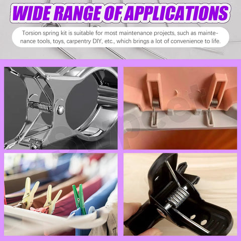 Swpeet stainless steel torsion spring assortment kit, 45 pcs, 15 sizes (45/90/120°), DIY home repair.