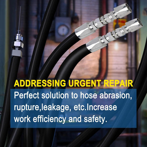 Legines 1/2 in reusable hydraulic fittings with two #08 hose adapters; metal fittings on black hoses, 4000 PSI