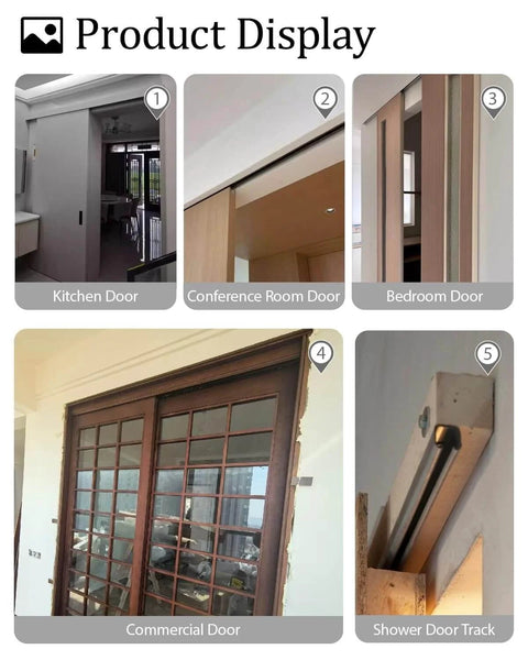 Heavy Duty Sliding Door Track Kit With Side Mounted Hardware For Barn Style Doors Soft Close Ready And Easy Install visible in various door applications including kitchen, bedroom, and conference rooms.