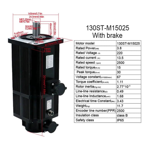 130ST-M15025 servo motor with brake; 3.8 kW, 220 V, 2500 rpm, black finned housing, front view