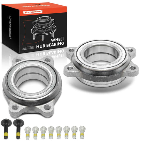 2x Wheel Bearing and Hub Assembly for Audi A4 A5 A6 Q5 S4 S5 S6 S7 A8 Quattro and Allroad 2008-2018 Front and Rear Replacement Kit with Heavy Duty Steel Housing and Precise Fit displayed with bolts and packaging