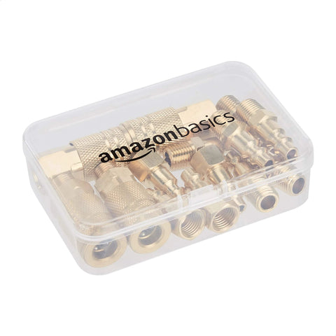 Amazon Basics brass air coupler and plug kit, 1/4 in NPT fittings, 14-piece set in clear plastic storage box