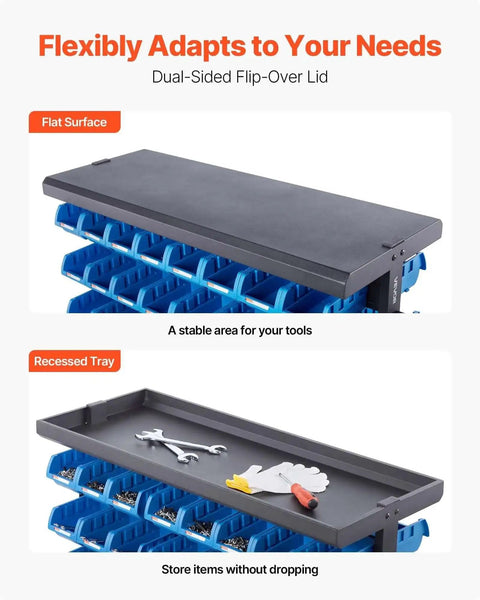 Seven Tier Double Sided Rolling Bin Storage Rack with 94 Plastic Bins on Wheels, dual lid showing flat and recessed tray surfaces