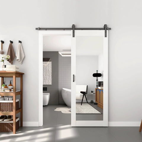 32 Inch By 84 Inch Mirror Barn Door With 5.5 Foot Sliding Hardware Kit Included No Assembly Required, installed in a bathroom.