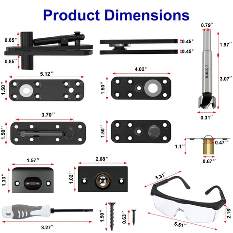 Heavy Duty Hidden Door Hinge By AURIXUS With 573 Lb Capacity dimensions and components including goggles and pencil