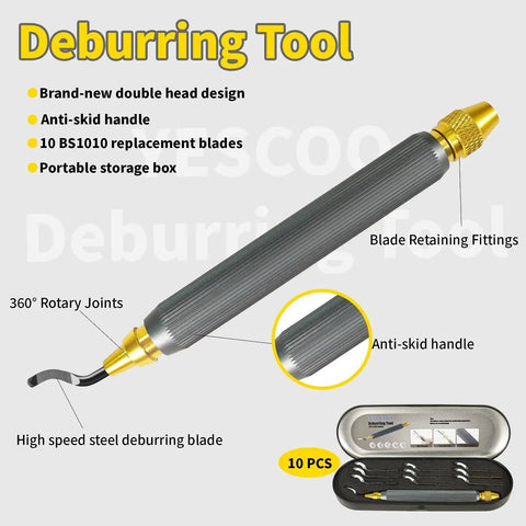 Dual Head Deburring Tool With 10 Extra High Speed Steel Blades For 3D Printing And Metal Work, Rotatable Or Fixed 360 Degrees In The Handle, Anti Skid Grip, Burr Busting From Metal Resin Copper Plastic with storage case