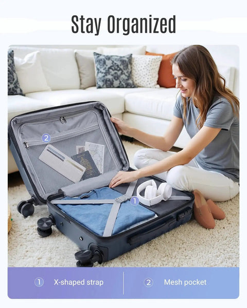 Woman organizing a Durable 3 Piece Luggage Set Light Flight With Easy Glide Spinner Wheels and TSA Lock Lightweight Hard Shell ABS in living room.