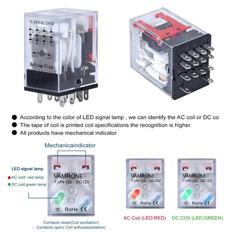 12V DC Relay Built Tough With Socket Base And LED Indicator, 14 Pin, 5 Amp, 4PDT 4NO 4NC, DIN Rail Ready - product view with LED signal descriptions