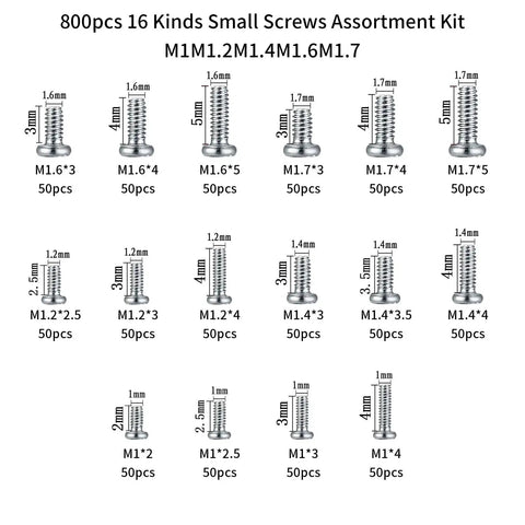 800 Piece Tiny Screws Kit For Electronics And Gadgets Micro Pan Head Machine Screws For Eyeglasses Watches Clocks And Phones In Sizes M1 M1.2 M1.4 M1.6 And M1.7 displayed on white background, showing assortment of screws.
