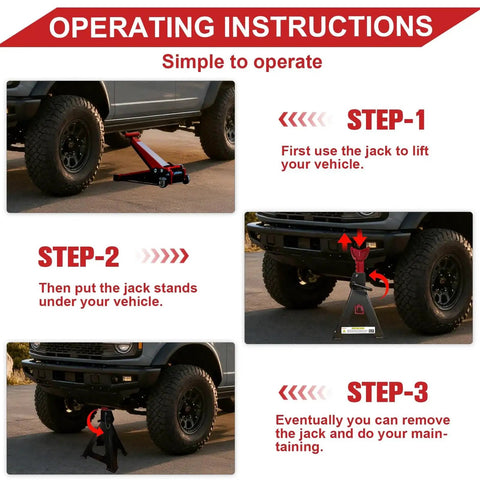 Operating instructions showing steps to use 6 Ton Heavy Duty Jack Stands With Double Pin Lock, 15.6 To 23.4 Inch Height.
