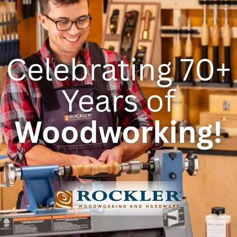 Person using a wood lathe in a workshop with tools; celebrating 70+ years of woodworking with Rockler logo in the foreground.