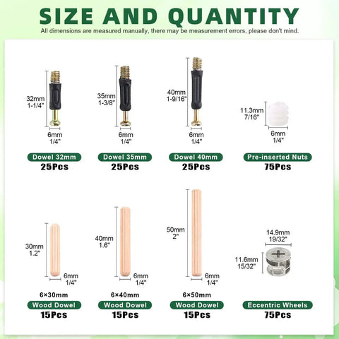 270 Piece 3 In 1 Cam Lock Nuts And Wood Dowel Pins Set For Cabinets Drawers Wardrobes And Furniture Panels Includes Connectors Nuts Bolts Screws And Fasteners In Silver, showing size and quantity details of components.