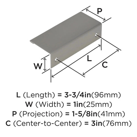 Diagram of Satin Nickel Edge Pull Cabinet Handle 3 Inch Center To Center 76 Mm Contemporary Flat Panel Drawer Pull dimensions