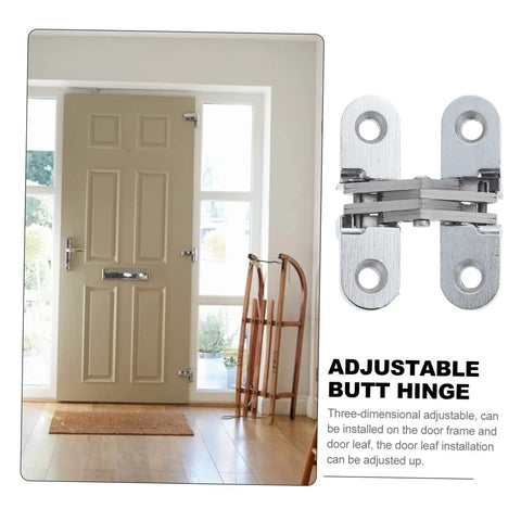 Adjustable butt hinge shown beside a closed beige door with installed hinge, highlighting its three-dimensional adjustability.