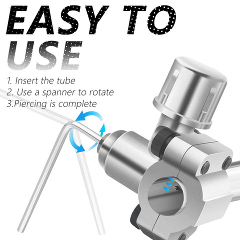 2-piece piercing valve kit for refrigerator lines; silver valve with knob and tubing inserted into pipe