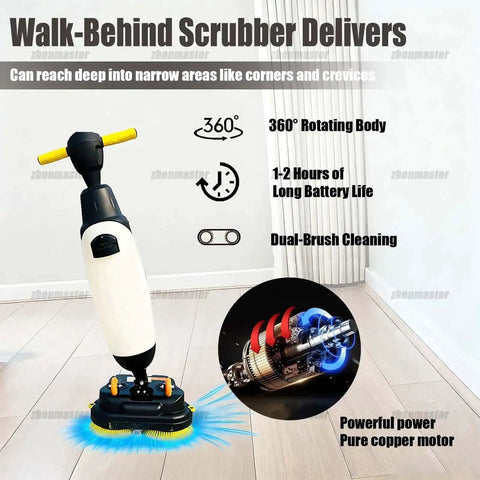 Cordless Electric Floor Scrubber With 360 Degree Steering And 90 Minute Runtime For Restaurant Kitchens, Tile And Sealed Hardwood Floors, Pro Grade Cleaner In Gray with dual-brush cleaning and powerful copper motor visible.