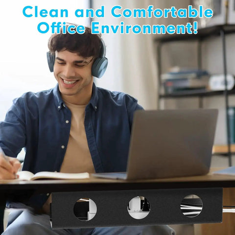 Man working at desk with Self Adhesive Under Desk Cable Management Tray 2 Pack Steel Wire Organizer visible underneath table