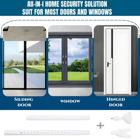 2 Pack Door Security Bar Heavy Duty Metal Door Stoppers Security Patio Bars 2 In 1 Adjustable Sliding Doors Lock Jammer Stopper for Window Apartment Home Hotel Room White Durable Portable Travel Friendly Lightweight Design with Rubber Base and Tips shown with sliding doors, window, and hinged door application