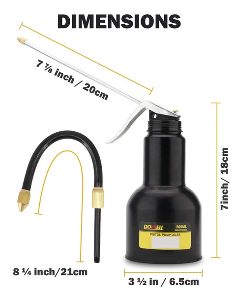 Heavy Duty Metal Pump Oil Can With Dual Spouts For Pistols And Machinery By DOWELL, 16oz 500ml Black Epoxy Coated Oil Gun Lubricator