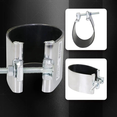 Heavy Duty Stainless Steel Pipe Repair Clamp 4 Inch IPS Single Bolt 3 Inch Long For Copper PVC Galvanized Piping Pin Hole Puncture Patch Repairs With Rust Resistant 304 Grade Construction By Highcraft, shown from various angles on black background