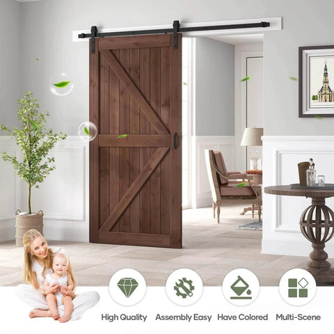 Sliding Barn Wood Door Slab 42 Inch By 84 Inch with 7ft Hardware Kit in coffee color installed in a living room.