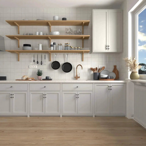 Modern kitchen with 10 Pack 3 Inch Marble Cabinet Pulls With White Marble Grain Finish For Kitchen Cabinets And Dresser Drawers.