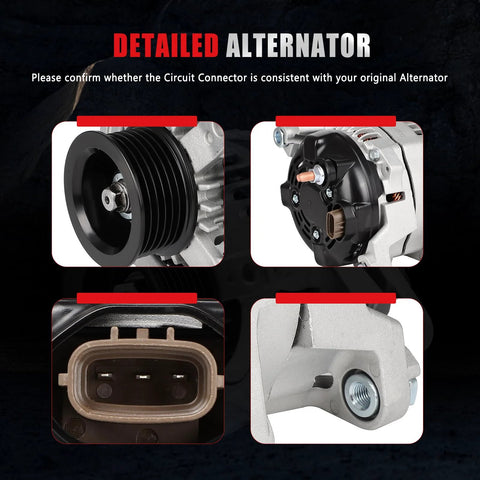 Direct Fit Alternator Replacement For Hyundai Santa Fe 2019 2020 Santa Fe Sport 2017 2018 And Sonata 2015 2019 2.0L And 2.4L Engines Easy Install High Output Electrical Generator Replaces 104211-8790 373002G061 Built For Daily Driver Reliability showing product details in quadrants including connector and pulley