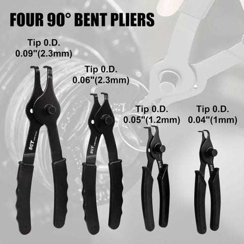 Four 90-degree bent pliers with various tip sizes from Heavy Duty Snap Ring Pliers Set Pro Grade With 10 Piece Internal And External Circlip Pliers Including Bent And Straight Tips Plus Hook And Pick Storage Case And Gloves For Easy Ring Removal.