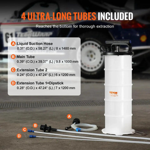 6.5L Manual Oil Change Fluid Extractor Pump With Dipstick And Suction Hose, showing tank and four included tubes on garage floor.