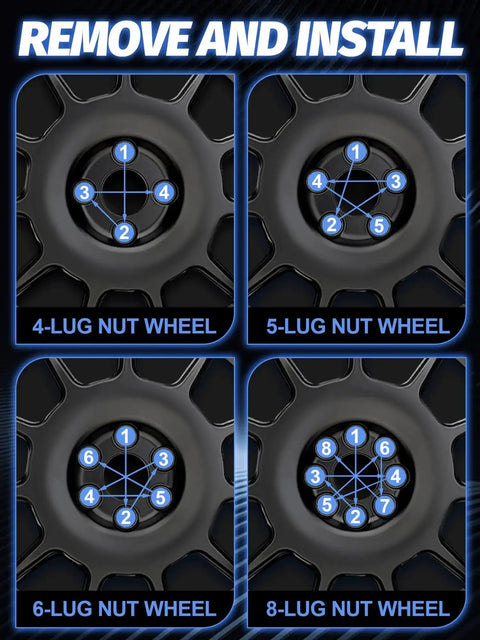 Diagram showing remove and install sequence for 4, 5, 6, and 8-lug nut wheels.