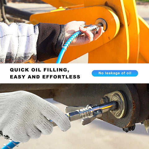 NYTKL grease gun coupler with double handles, quick release, 6 thickened jaws, blue hose on yellow equipment