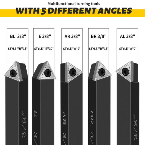 Five Sets Of Three Eighths Inch Carbide Lathe Tool Bits Kit For Metal Turning, Indexable Lathe Cutting Tools With AL AR BL BR And E Inserts