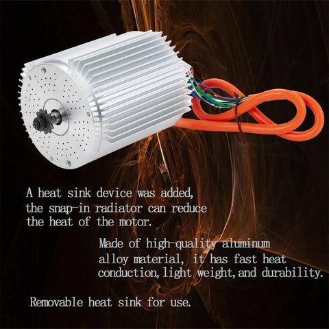Beefed-Up 48V 2000W Brushless DC Motor with aluminum heat sink for electric scooters, dirt bikes, go-karts; visible phase wires.